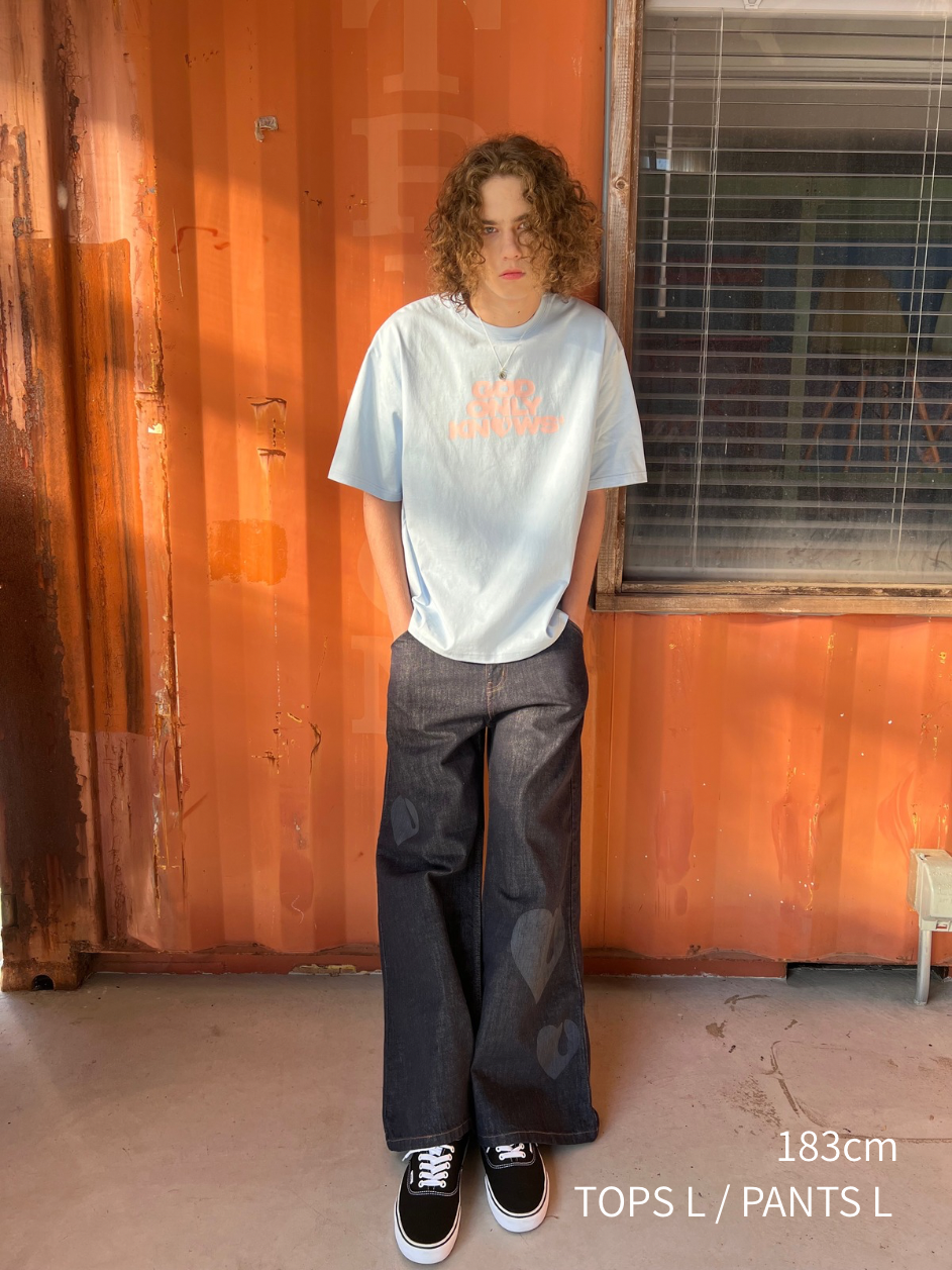 TEAR HEART PRINT DENIM PANTS